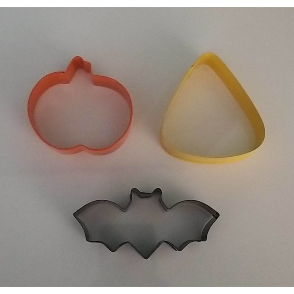 Lot of 3 Vintage Halloween Metal Cookie Cutters Bat, Pumpkin, Candy Corn